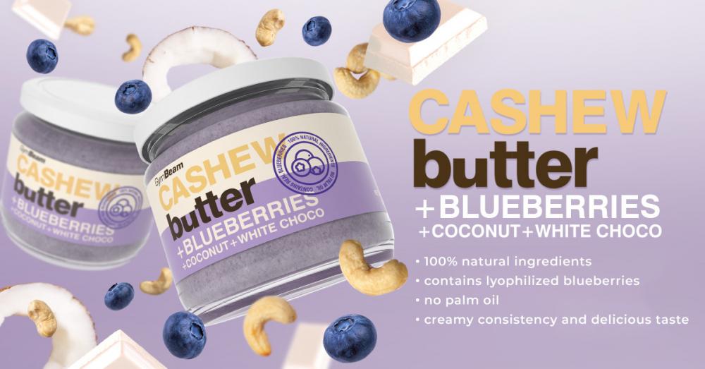 Cashew Butter mit Kokosnuss, weißer Schokolade und Blaubeeren